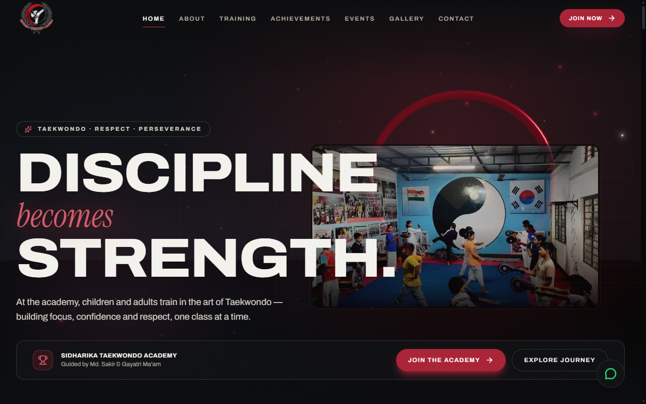 Sidharika Taekwondo Academy application interface and architecture preview